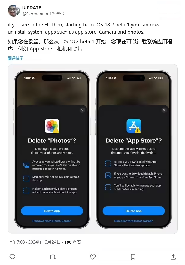 宝山苹果手机维修分享iOS 18.2 支持删除 App Store 应用商店 